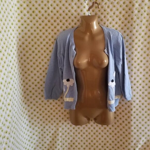 Anthropologie Field Flower Blue Cotton and Angora Floral Daisy Cardigan Large - Picture 2 of 6